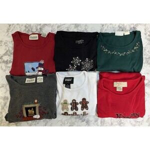 VTG Y2K Lot Of 6 Christmas Holiday Long Sleeve T Womens Novelty Grandma Cottage